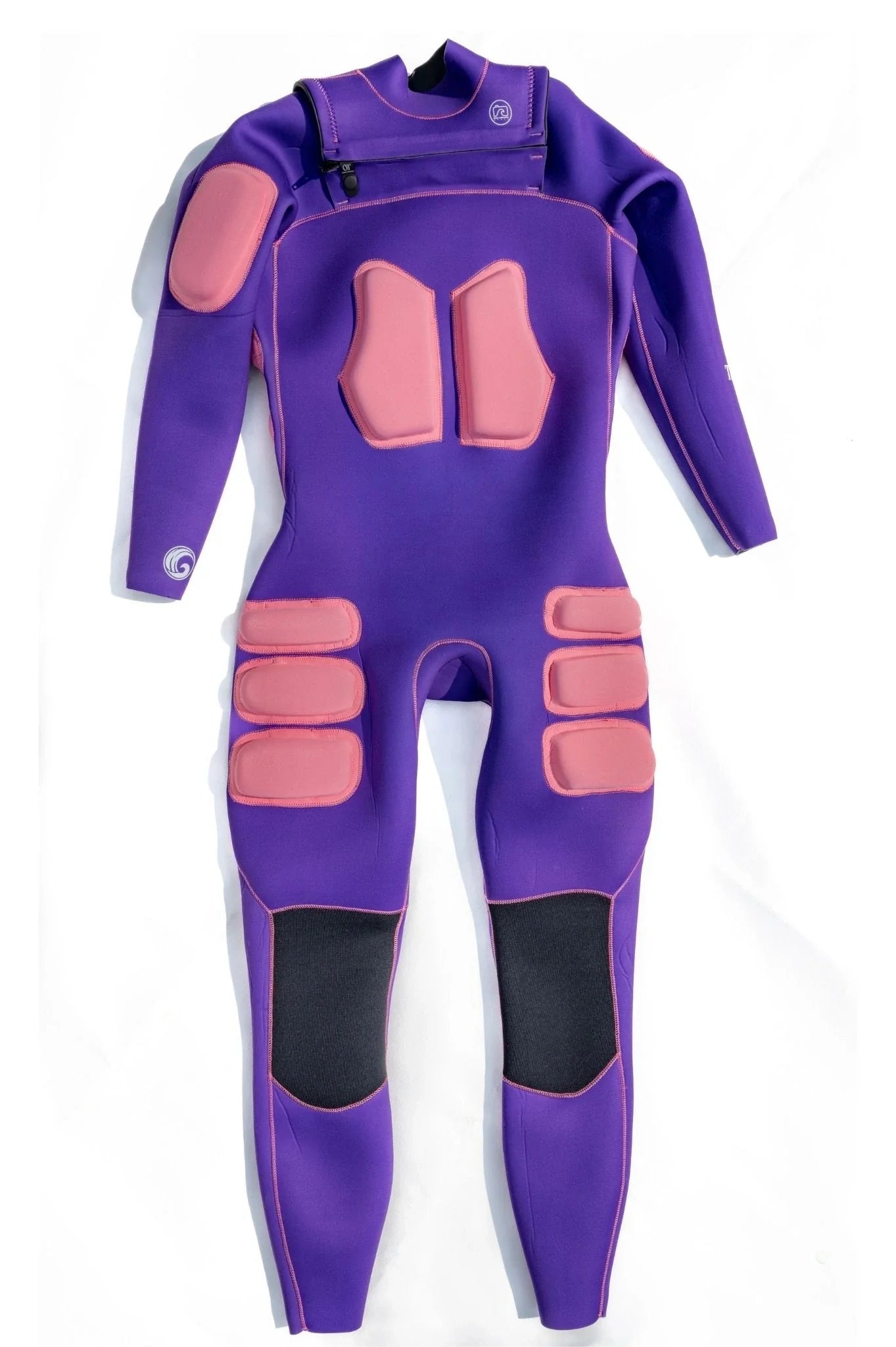 Purple custom design dream wetsuit with pink and black padding on a white background